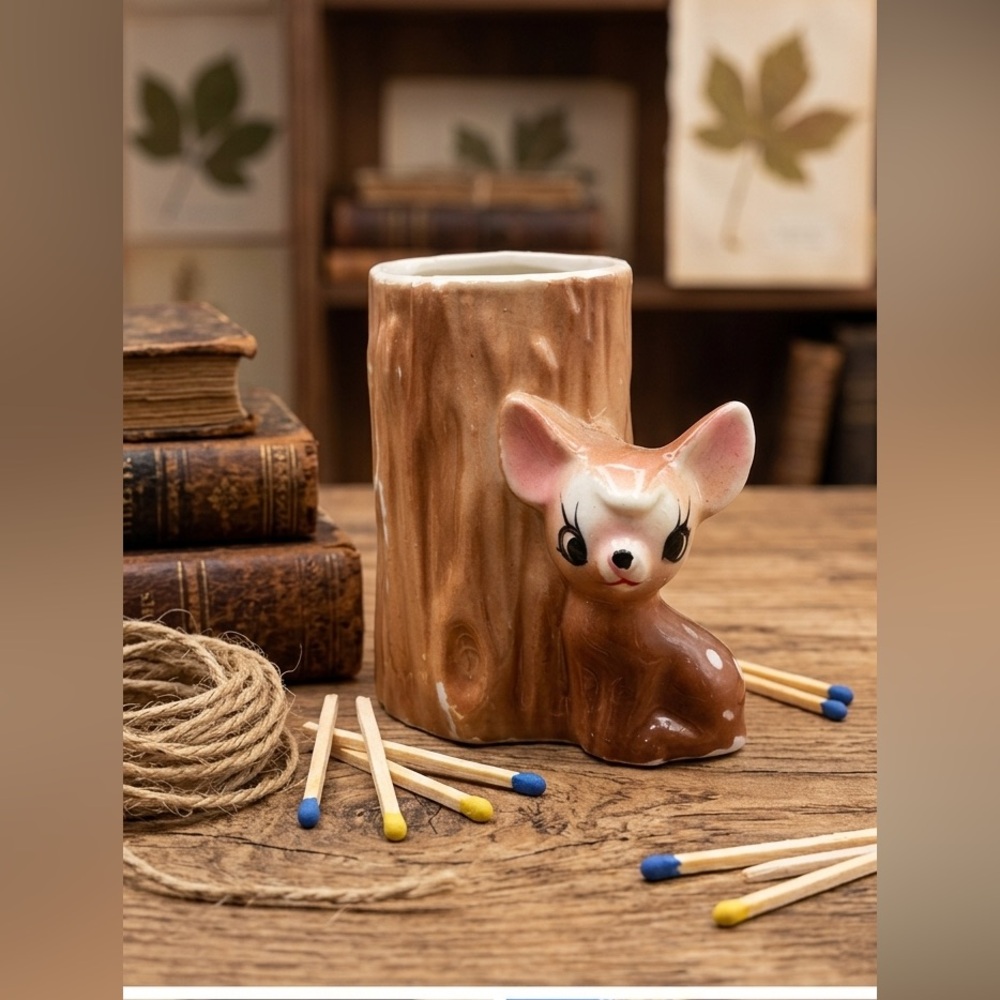 Vintage 1960’s Ceramic Fawn & Stump Match Holder / Toothpick Holder